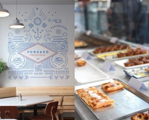 Picture of a table at Forcado Pasteileria and a selection of their sweet Portuguese specialties