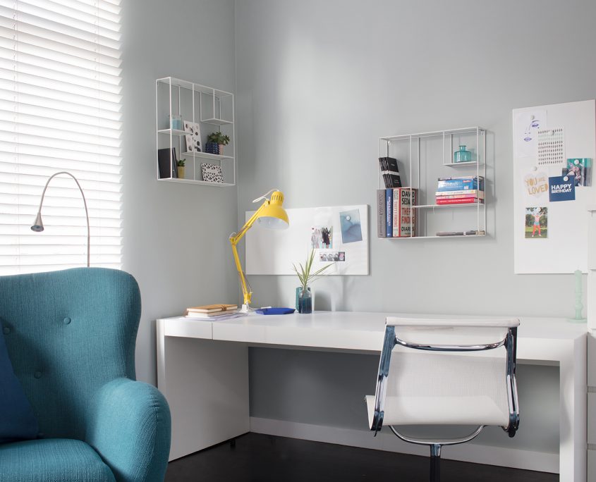 White desk yellow lamp