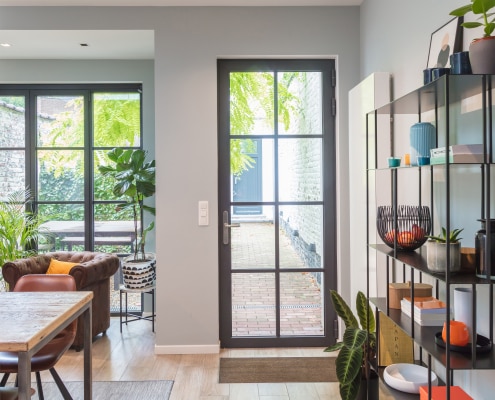 Metallic windows overlooking courtyard