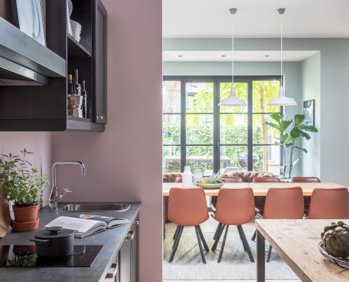 Kitchen with view of dining room