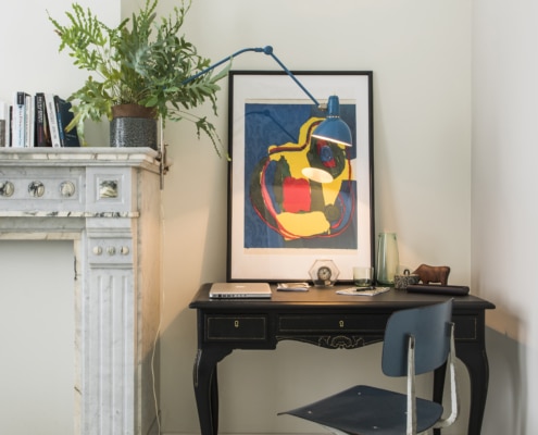 VIntage Wooden Desk Modern metallic chair in private bedroom luxury coliving